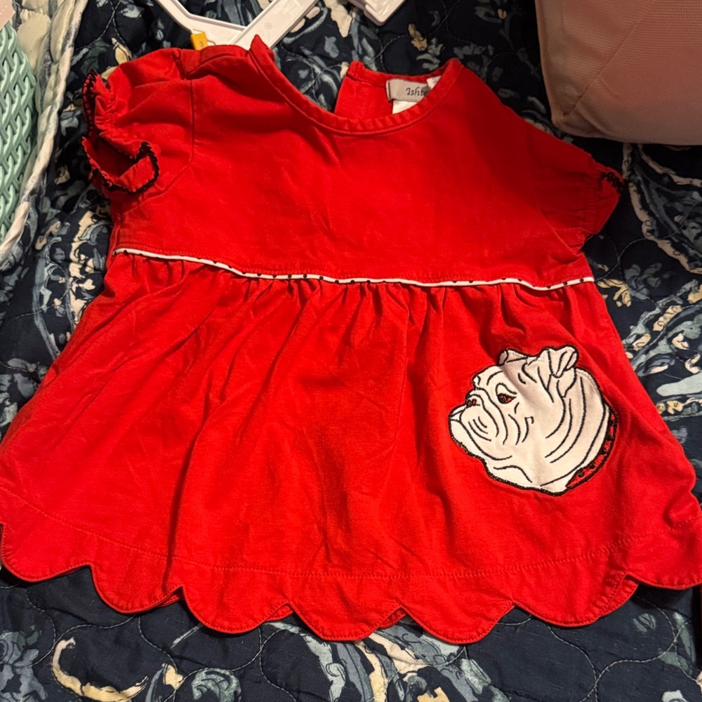 Vibrant Red Kids Dress with Bulldog Patch
